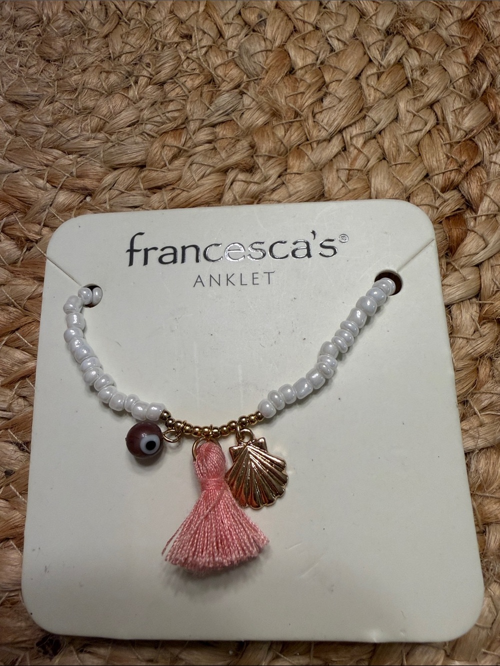 Francesca's Collections White Beaded Anklet with Pink Tassel & Gold Shell